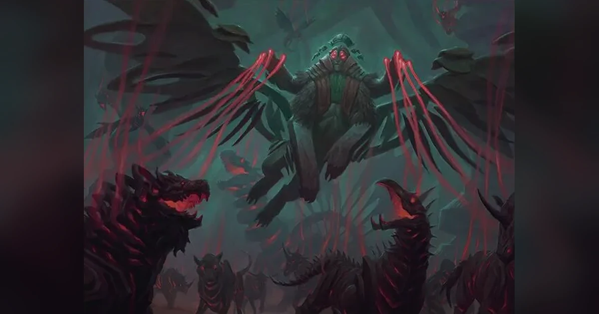 Aerid Konstrari surrounded by monstrous creatures, illustrating its Commander combo lines