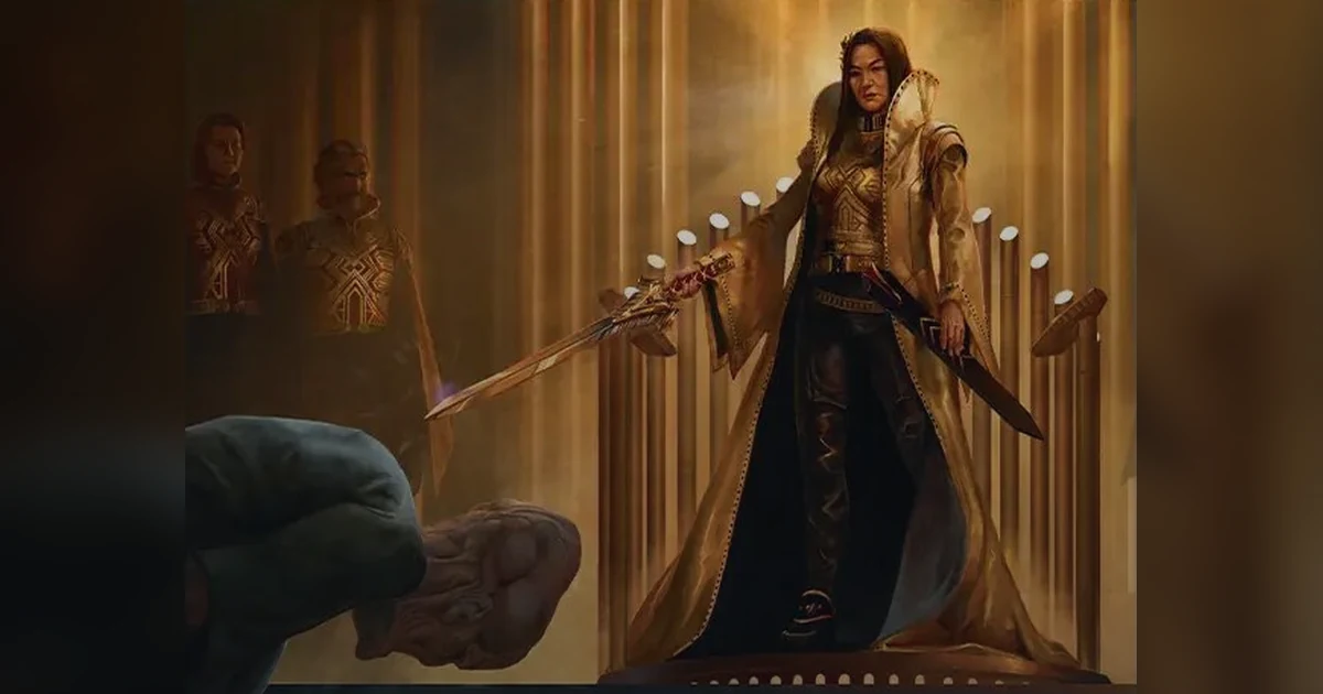 Georgiou, Terran Emperor brandishes dual blades in a gold-lit Star Trek scene
